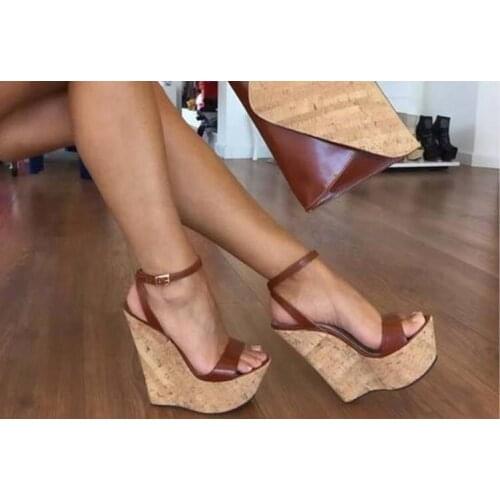 Big Size 45 Summer Fashion Black Brown Open Toe Wedge Sandals Woman 150 mm Heels Buckle Strap Platform Casual Sandals Shoes