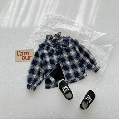 DFXD England Style Baby Girls Winter Plus Velvet Plaid Shirts Fashion Single-breasted Thick Blouses Shirts Children Warm Tops