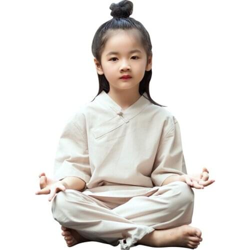 Kids Taichi Kungfu Uniforms Yoga Set Linen Loose Yoga Pant Bloomers Yoga Shirt Girls Boy Casual Meditation Outfit Set Sportswear