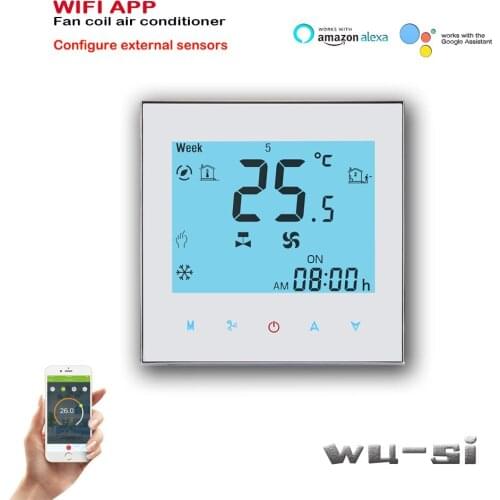 2P fan coil heating or cooling controller tuya intelligent air conditioning thermostat with external temperature sensor