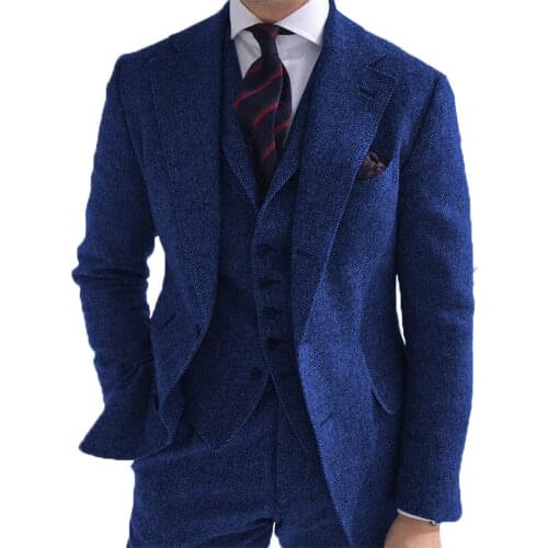 Mens Suits 3 Pieces Tweed Business Retro Herringbone Pattern Groom Tweed Wool Tuxedos for Wedding Groom Suit Man Clothings