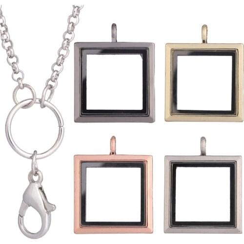 1pcs Alloy square No Rhinestone rainbow Magnetic Glass plain Lockets Living Memory Floating Charm necklace Women with 60cm chain