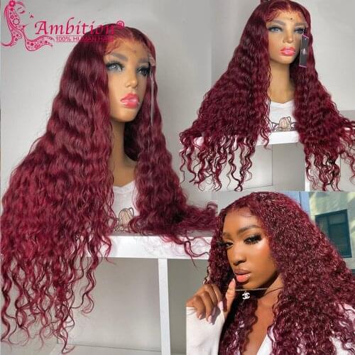 Ambition Remy 99j Human Hair Glueless Lace Front Wigs 13x6 Lace Front Wigs 180% Density Burgundy Curly Lace Wigs Bleached Knots