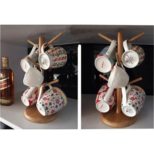 Hot sale high quality six claw cup display stand beech wood holder Drinkware Shelf Coffee Cup Mug cup water cup storage rack