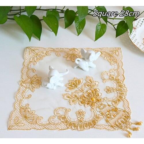 Variety Of Gold Thread Embroidered Bead Pendants Square 28cm Placemat Coaster Tea Set Food Fruit Cover Wedding Party Decoration