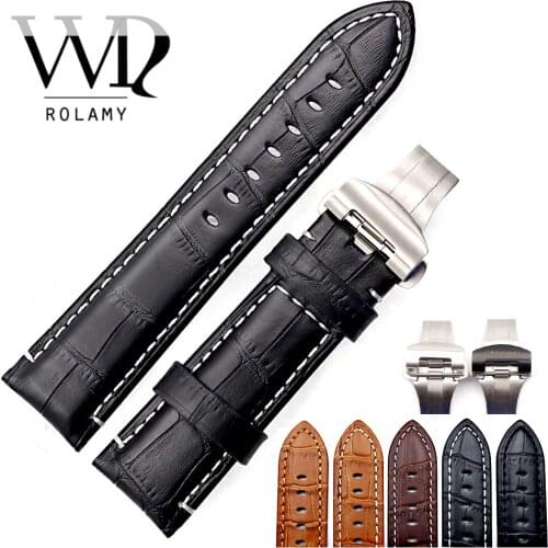 Rolamy 22 24mm Watch Band Leather VINTAGE Black Brown Genuine Calf Crocodile Grain Thick Strap Belt Silver Black Clasp Watchband