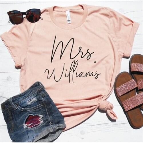 Mrs. last name shirt custom personalized bride t-shirt summer ladies short mouw wedding commitment bridal top romantic proposal