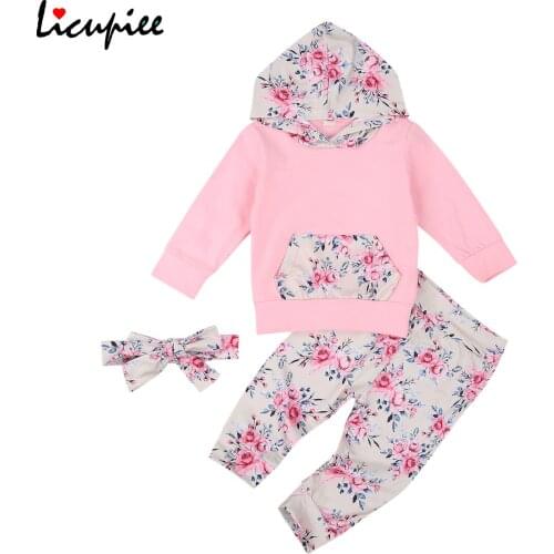 Baby Girl Hooded Top Trousers Suit Flower Printed V-neck Long Sleeve Front Pocket Shirt Loose Pants with Headband 0-24 Months