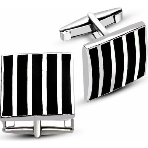 Tesbihane 925 Sterling Black Enamel Over Silver Stripe Cufflinks