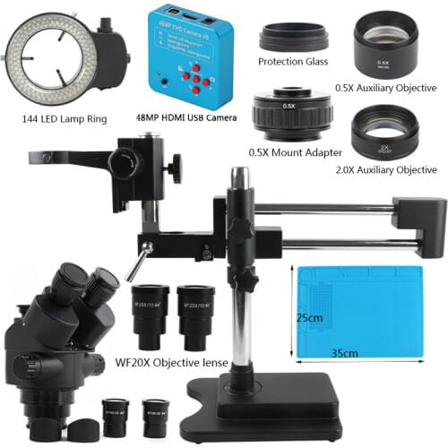 3.5X-90X Simul-Focal Double Boom Articulating Arm Pillar Clamp Stand Trinocular Stereo Microscope 30MP HDMI Microscopio Camera