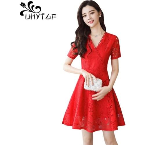 UHYTGF New Korean fashion lace dresses summer boho dresses woman party night Hollow V-neck plus size dress red black dress 1298