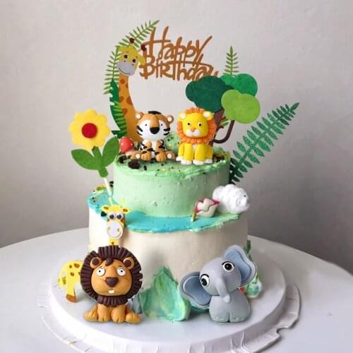 Woodland Animals Cake Decor Soft Clay Lion Elephant Tiger Deer One 1st Birthday Cake Topper Happy Birthday Party Decor Kids Boys