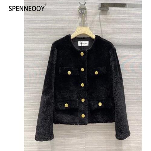 SPENNEOOY Designer Brand High-End Winter Shearling Overcoat Outwear Women Long Sleeve Single-Breasted Genuine Leather Jackets