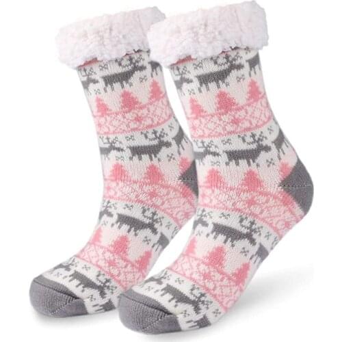 FRALOSHA Women Winter Warm Reindeer Home Floor Socks Adults Warm Thicken Furry Slides Soft Slippers Socks Fashion Christmas Gift