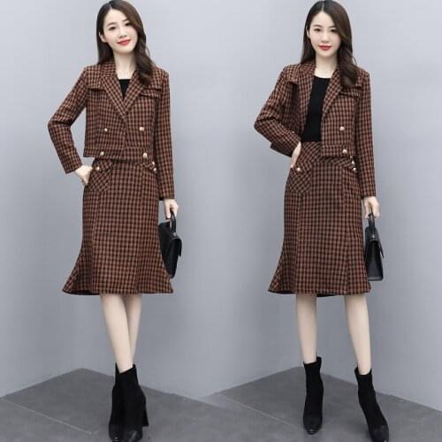 Two-piece Female 2020 Autumn New Woolen Suit Outwear OL Women Short Coat + Fishtail Skirt Sets M-XL