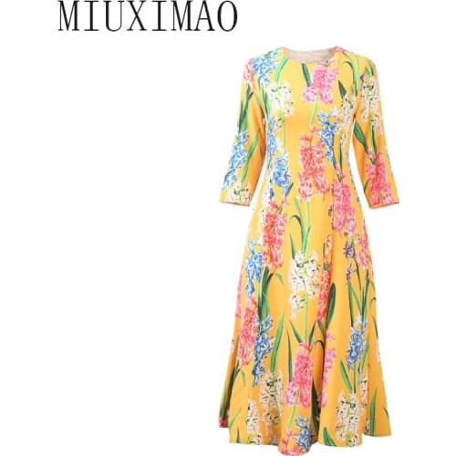 High Quality 2020 Autumn New Arrival Fashion O-Neckl Wrist Flower Pattern Print Elegant Mid-Calf Zipper Autumn Dress Women