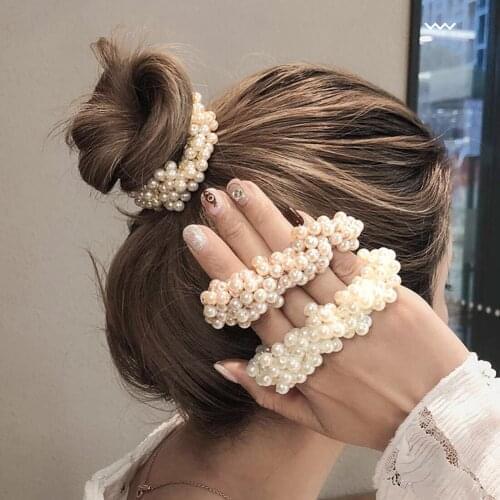 1 Pcs Fashion Pearl Bead Hair Scrunchie Elastic Hair Bands Cute Women Girl Headwear Ponytail Holder Hair Accessories