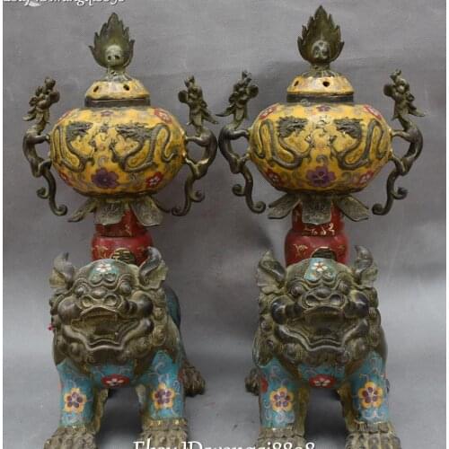 16" Cloisonne Bronze 24K Gold Gilt Lion Dragon Beast Incense Burner Censer Pair