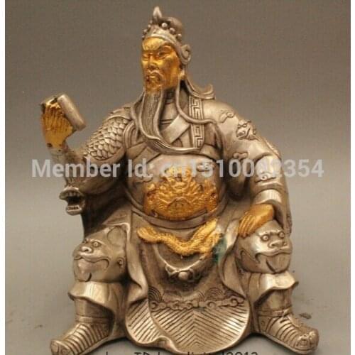 7" Chinese Folk Silver Seat General Guan Gong Yu Warrior God Hand Book Statue