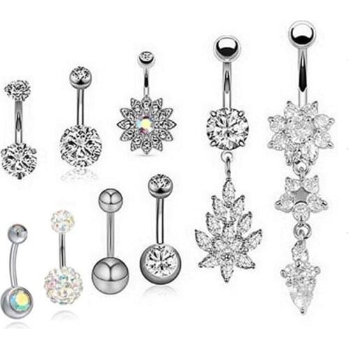 9Pcs/Set Sexy Dangling Navel Belly Button Rings Belly Piercing Crystal Surgical Steel Body Barbell For Woman Jewelry Accessories