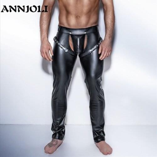 ANNJOLI Mens Latex Wetlook Trousers Hollow Dance Club Costume Gay Punk Fetish Erotic Lingerie Adultos Male Sexy Gothic Leggings