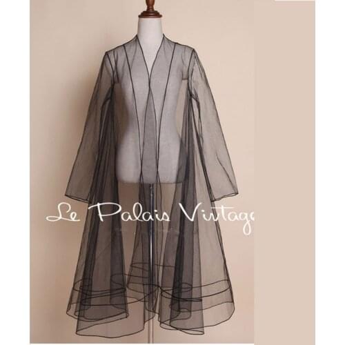 FREE SHIPPING Le Palais Vintage limited Sexy Black Retro perspective all-match sunscreen beach long cardigan Chiffon shirt