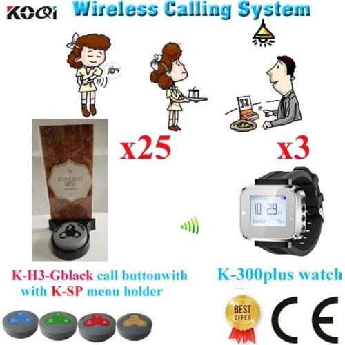 Wireless Paging System For Restaurant Pager Calling With 12 Months Warranty(3 watch+25 button+25 menu holder)