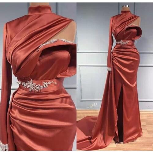 Elegant Long Satin Mermaid High-Neck Evening Dresses Floor Length Zipper Back Pleated Formal Party Dress for Women