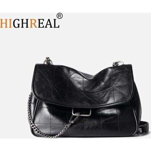 HIGHREAL New Rhombus Black Rock Soft Single Shoulder Oblique Span Chain Bag Luxury Handbags for Woman PU Leather Messenger Bag