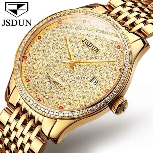 JSDUN Men Automatic Mechanical Surveillance Mens watches rolexes 18KGold Full Diamonds sapphire waterproof wristwatch
