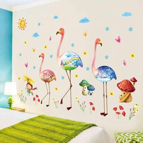 Colorful Flamingo Family Wall Stickers Mushroom Flowers Butterfly Cloud Kids Nursery Living Room Bedroom Decor PVC Decals