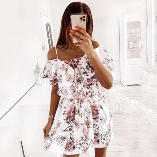 Summer Elegant Women Dress Fashion Sexy Mini Floral Spaghetti Strap Pleated Dresses Casual Print Slash Neck Belt Ruffles Dress