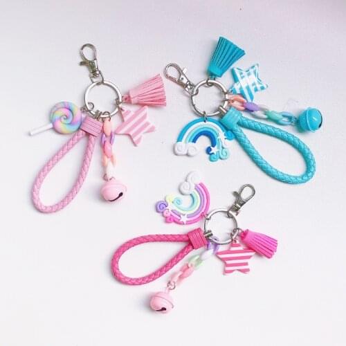 Fashion Cute Lollipop Keychain for Women Girl Leather Strap Braided Rope Tassel Key Chain Bell Star Clounds Bag Charms Llaveros