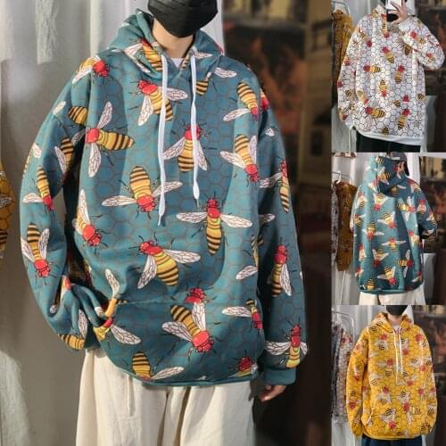 Men Autumn Winter Bees Long Sleeve Hoodie Pocket Thick Warm Sweatshirt Pullover