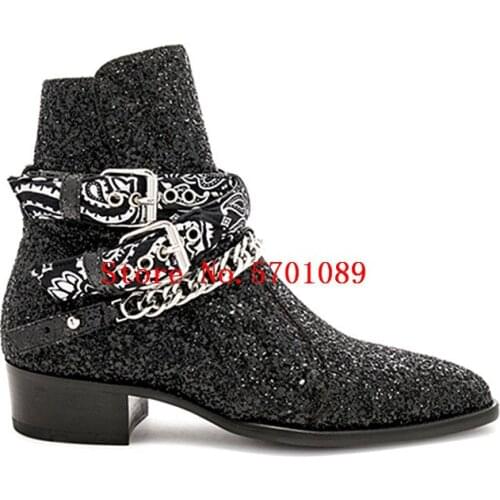Man Glitter Bandana Buckle Boots Black Genuine Leather New York Kanye West Fashion Catwalk Western Cowboy Chelsea Boots Shoes