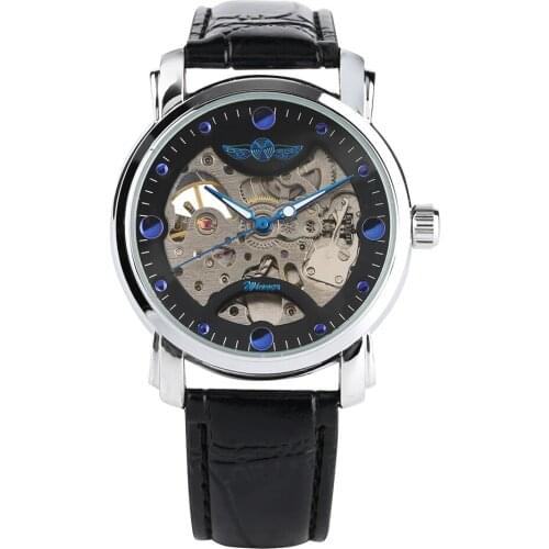 Mens Skeleton Wristwatch Automatic Mechanical Watches Stainless Steel Case Leather Strap Casual Watch