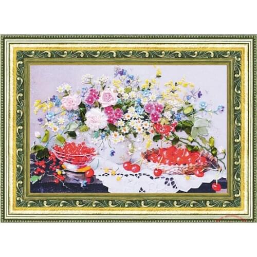 50x70cm Love of cherry Ribbon embroidery kit stain painting set handcraft kit DIY handmade needlework art home decor
