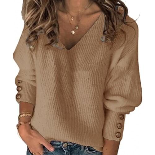Autumn Winter Women Solid Color Long Puff Sleeve V Neck Blouse Buttons Pullover Womens Clothing elegant Sweater