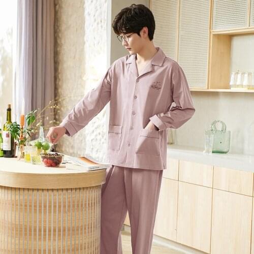 Autumn Cardigan Pajamas For Men Nightwear Long Sleeve Sleep Tops + Long Pants Cotton Pyjamas Mens Sleepwear Set Pijamas Hombre