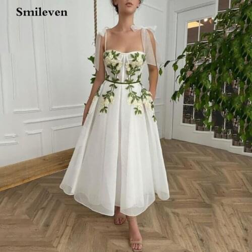 Smileven Prom Dresses 3D Leaves Embroidery Spaghetti Straps A-Line Party Dresses Tea-Length Short Formal Gowns