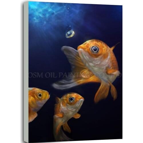 Professional Artist Handmade High Quality Impression Animal Fish Oil Painting on Canvas Handmade 3 Goldfish Oil Painting
