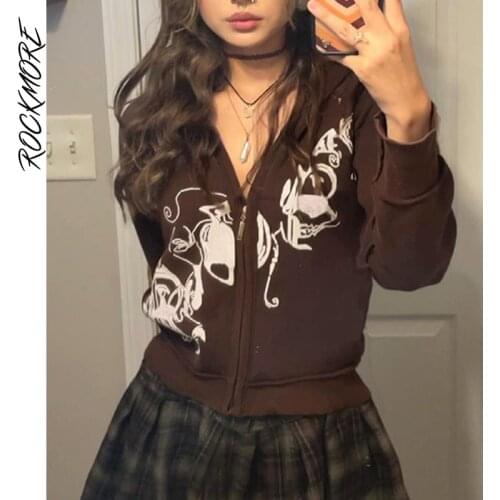 Rockmore Brown Hoodie Jacket WomenS Sweatshirts Winter Harajuku Zip Up Overcoat y2k Casual Coat Autumn Vintage Grunge Outwear
