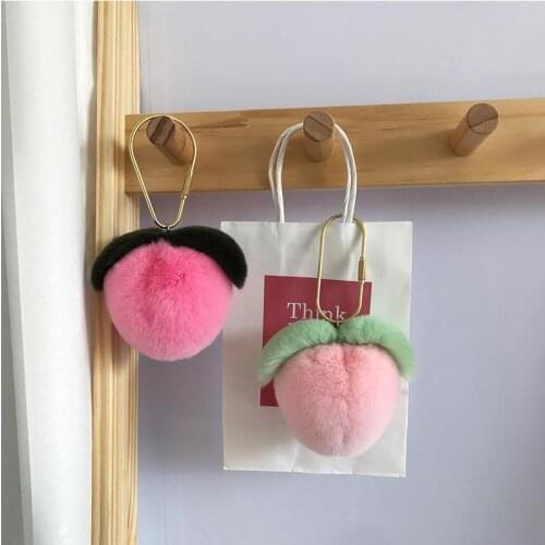 Luxury Fur Keychain Kawaii Korea Style Fruit Peach Fluffy Real Rabbit Fur Keyring Gift For Girl Charm Bag Holder Car Pendants