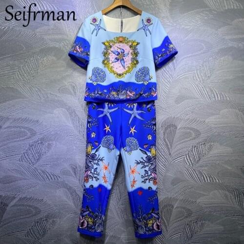 Seifrmann Summer Women Fashion Designer Pants Set Short Sleeve Print Tees + High Waist Printed Long Pants 2 Two Pieces Suits