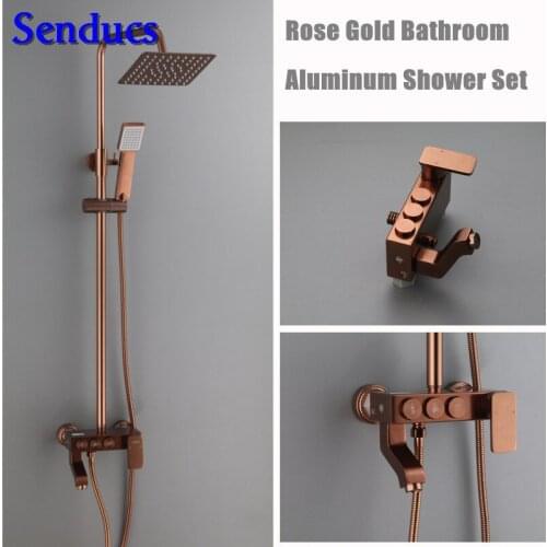 Senducs Space Aluminum Bathroom Shower Set Rose Gold Bathroom Shower System Suqare Rain Shower Head Quality Aluminum Water Tap