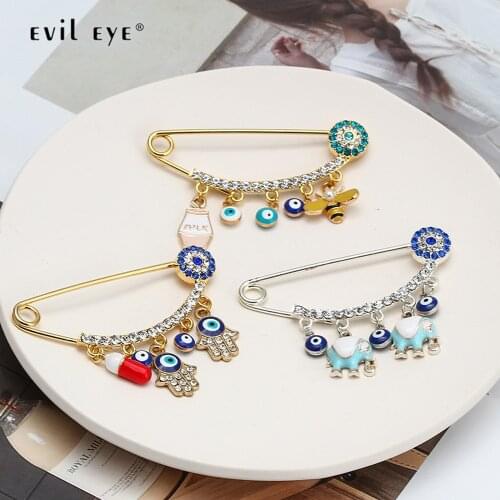 EVIL EYE Hamsa Hand Turkish Evil Eye Charm Tassel Brooch Pin Gold Silver Color Brooch Fashion Jewelry for Women Girls Men BE235
