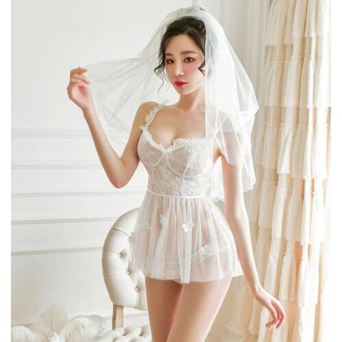 2020 Hot Sexy lingerie uniform temptation see-through lace pajamas sexy mesh bridal suspender nightdress set