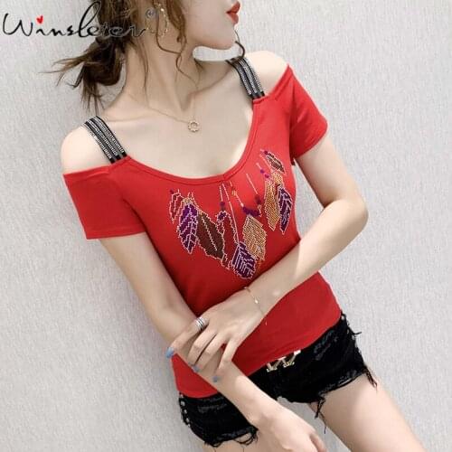 Summer Korean Style T-Shirt Fashion Sexy Off Shouder Shiny Diamonds Women Tops Cotton Bottoming Shirt Slim Tees New 2021 T14711A