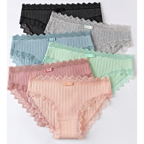 Womens Cotton Panties Female Striped Breathable Briefs Sexy Lace Edge Underwear Women Cotton Crotch Lingerie Intimates Hollow