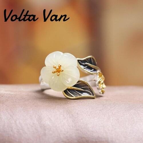 Volta Van Women Rings 925 Sterling Silver Jade Fine Jewelry Peach Blossom 2021 New Elegant Vintage Flower Opening Concise Rings